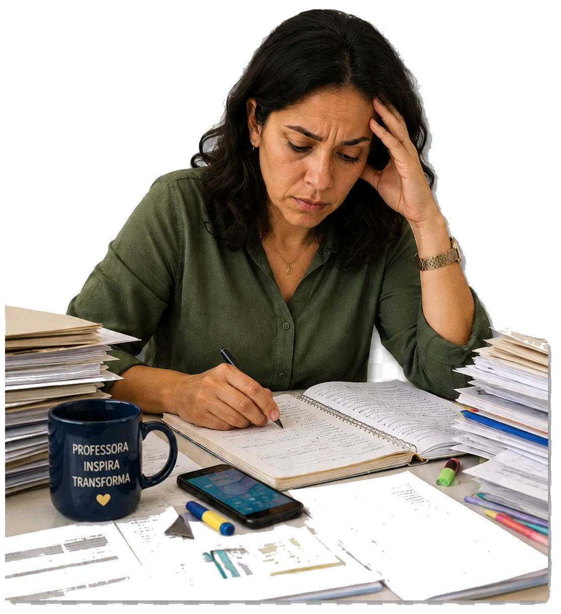 Professora cansada tentando organizar planejamento e papéis