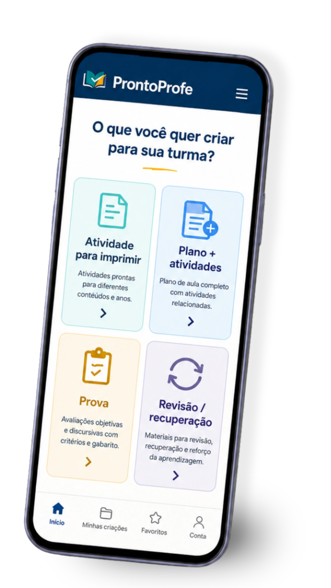Escolha do tipo de material no ProntoProfe