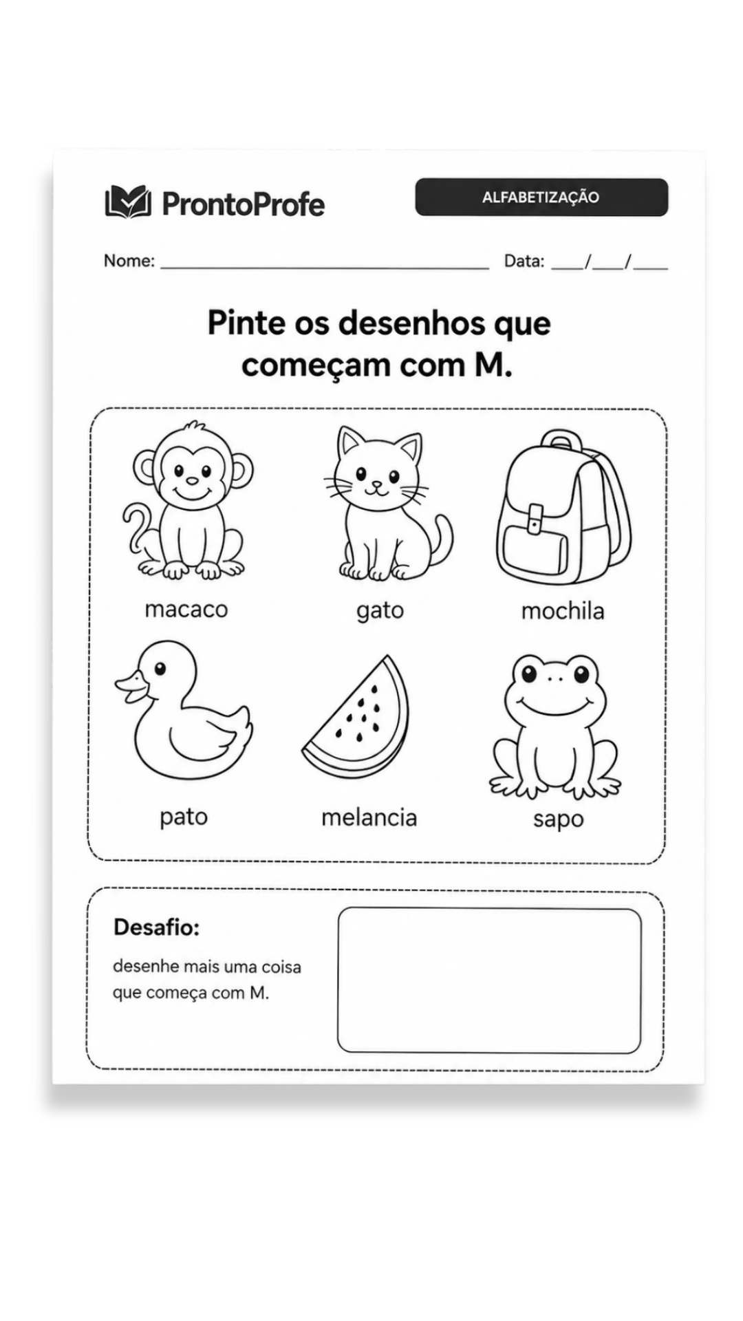 Atividade de alfabetização: pinte os desenhos que começam com M