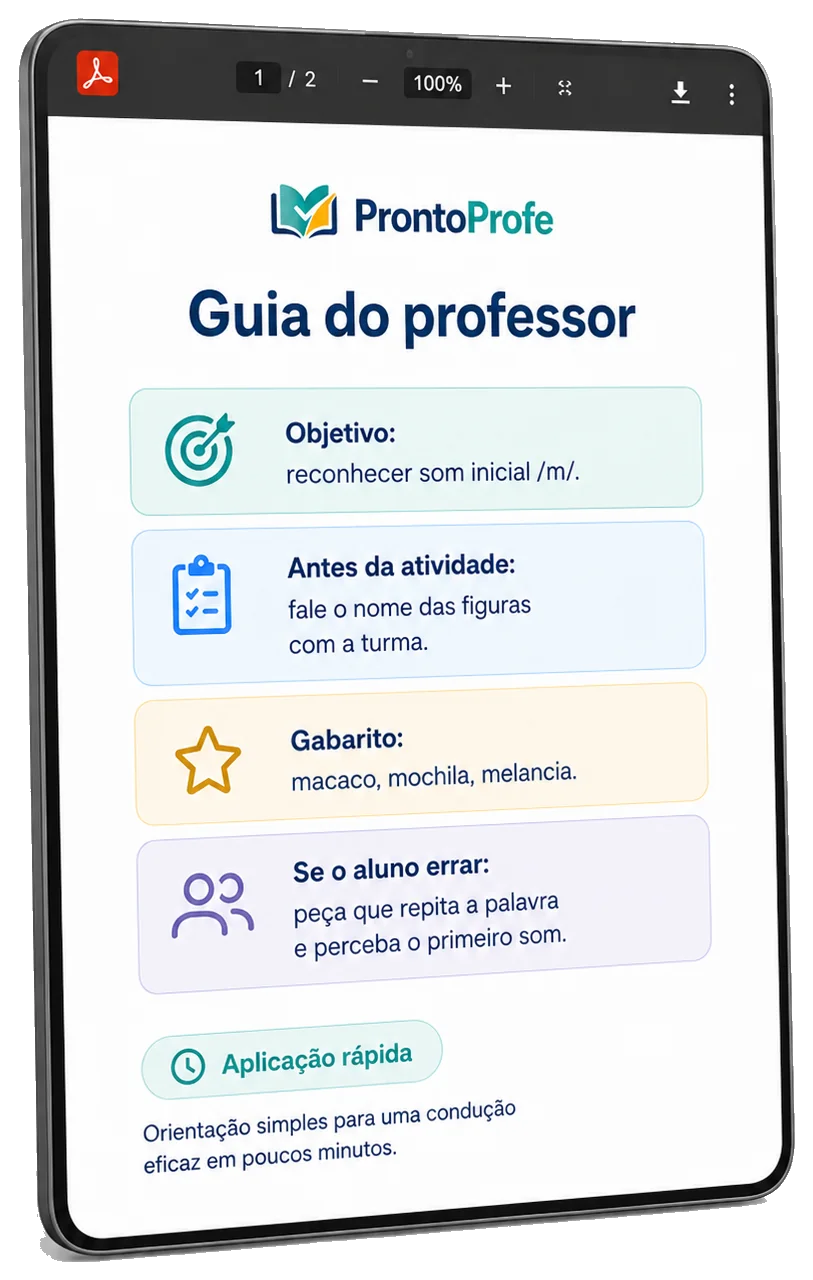 Guia do professor com objetivo, antes da atividade, gabarito e orientação
